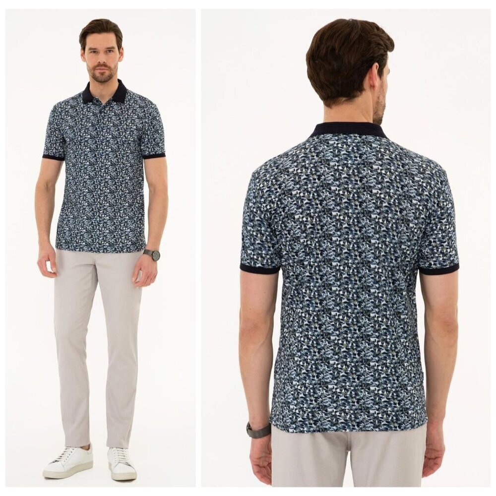 Pierre Cardin Polo Top Slim Fit Short Sleeve Blue / White Polo Shirt MENS Sz XL